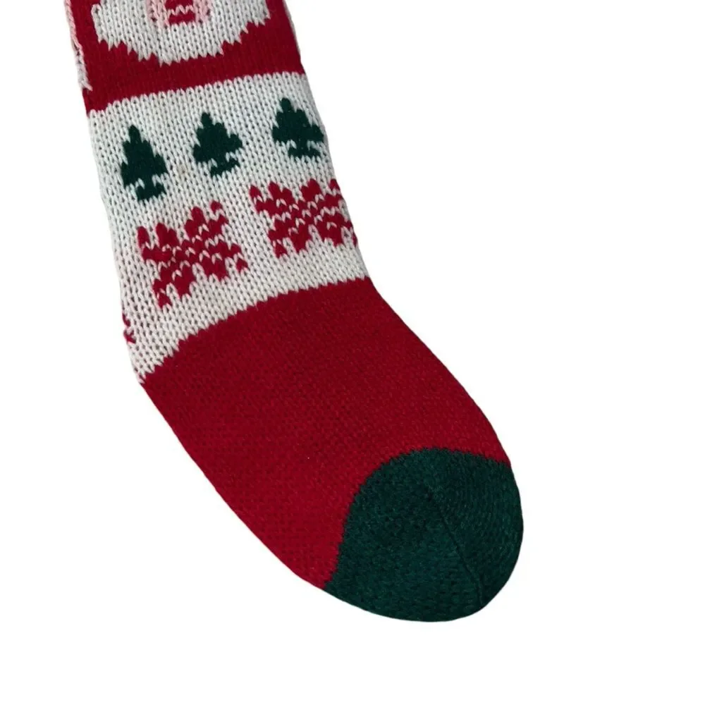 Vintage Knit Santa Claus Stocking Pom Pom Skinny Long Red Green Nostalgia Argyle